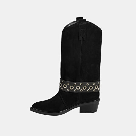 Kadın Siyah Ayarlanabilir Kemer Aksesuarlı Süet Bot