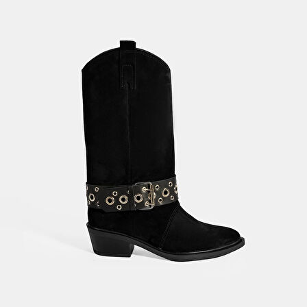 Kadın Siyah Ayarlanabilir Kemer Aksesuarlı Süet Bot