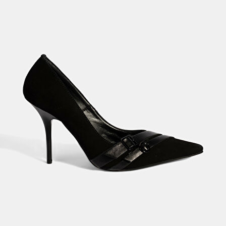 Kadın Siyah Metal Toka Detaylı Süet Stiletto