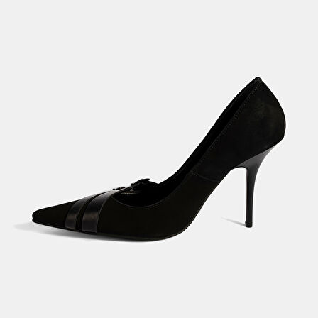 Kadın Siyah Metal Toka Detaylı Süet Stiletto