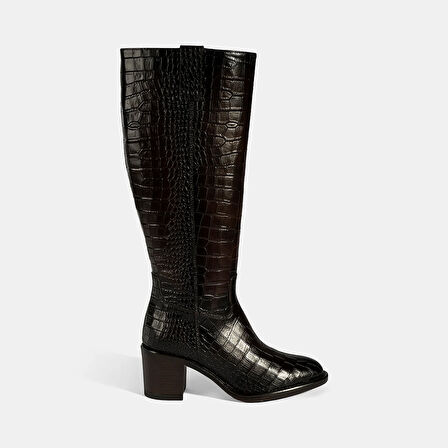 Kadın Kahve Kroko Baskılı Kalın Topuklu Deri Çizme