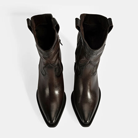 Kadın Kahve Kalın Topuklu Deri Bot