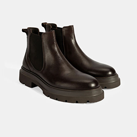 Erkek Kahve Lastik Detaylı Deri Bot