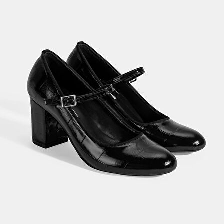 Kadın Siyah Ayarlanabilir Metal Tokalı Mary Jane Topuklu Ayakkabı