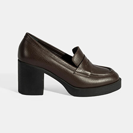 Kadın Kahve Kalın Topuklu Deri Loafer