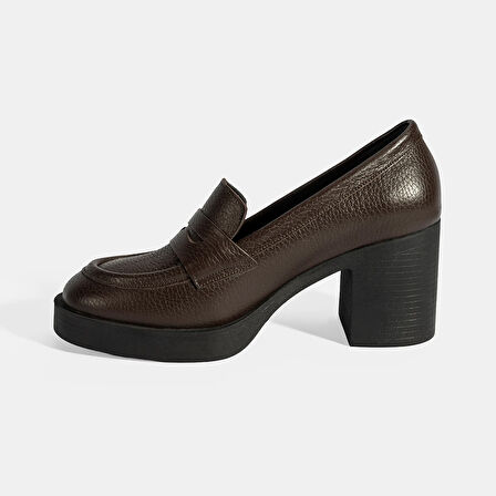 Kadın Kahve Kalın Topuklu Deri Loafer