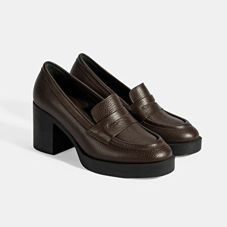 Kadın Kahve Kalın Topuklu Deri Loafer