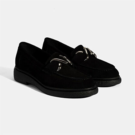 Kadın Siyah Metal Toka Detaylı Süet Loafer