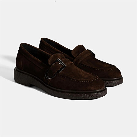 Kadın Kahve Metal Toka Detaylı Süet Loafer