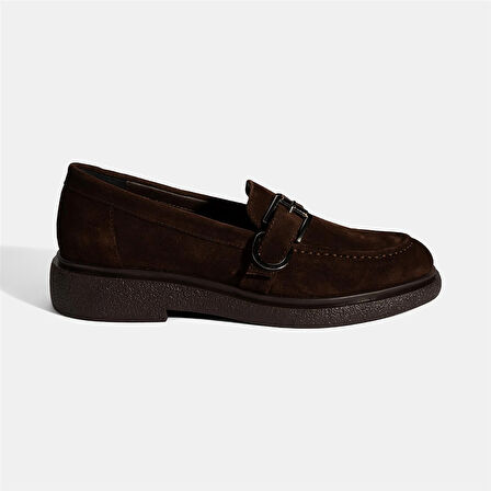 Kadın Kahve Metal Toka Detaylı Süet Loafer