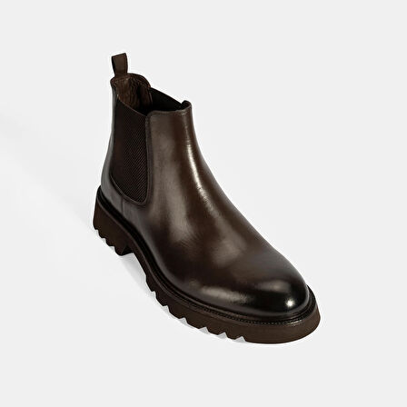 Erkek Kahve Lastik Detaylı Deri Bot