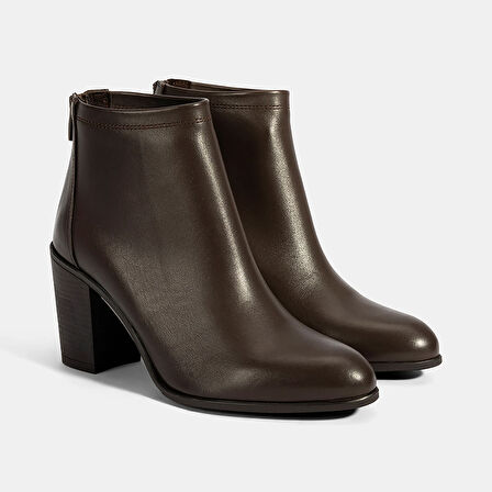 Kadın Kahve Kalın Topuklu Deri Bot