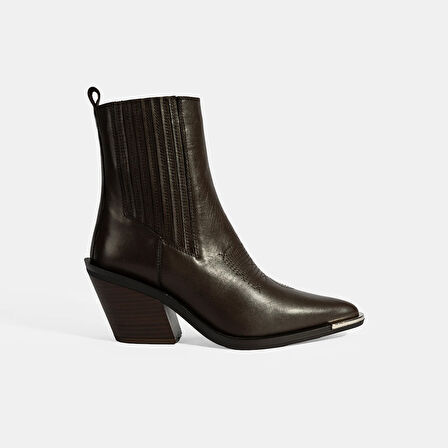 Kadın Kahve Kalın Topuklu Deri Bot