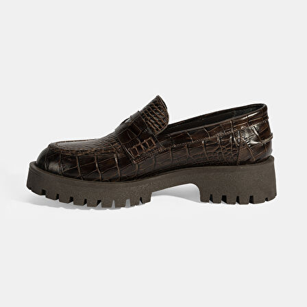 Kadın Kahve Kroko Basklı Deri Loafer