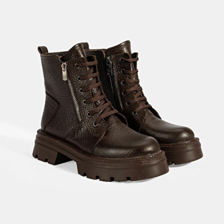 Kadın Kahve Bağcıklı Deri Postal Bot