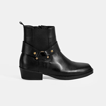 Kadın Siyah Lastik Detaylı Deri Bot