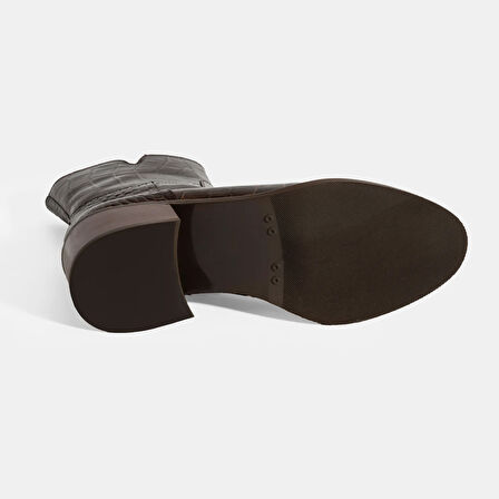 Kadın Kahve Kroko Baskılı Fermuarlı Deri Topuklu Bot