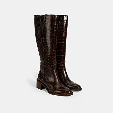 Kadın Kahve Kroko Baskılı Deri Çizme