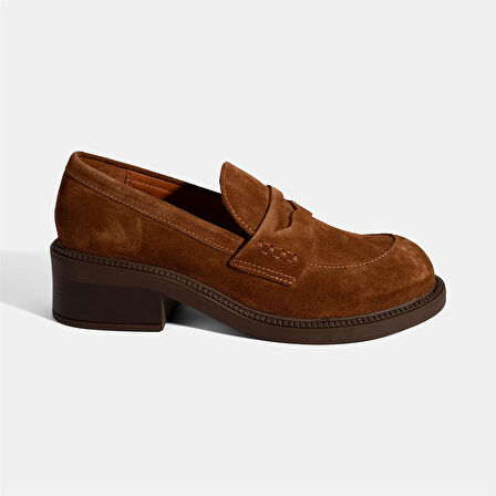 Kadın Taba Topuklu Süet Loafer