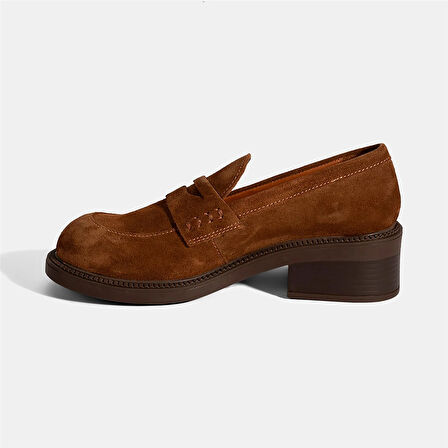 Kadın Taba Topuklu Süet Loafer