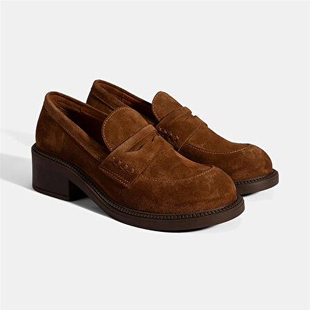 Kadın Taba Topuklu Süet Loafer
