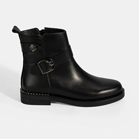 Kadın Siyah Metal Toka Detaylı Deri Bot