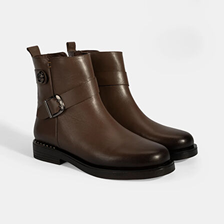 Kadın Kahve Metal Toka Detaylı Deri Bot