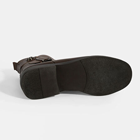 Kadın Kahve Metal Toka Detaylı Deri Bot