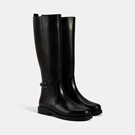 Kadın Siyah Metal Tokalı Kalın Topuklu Deri Çizme