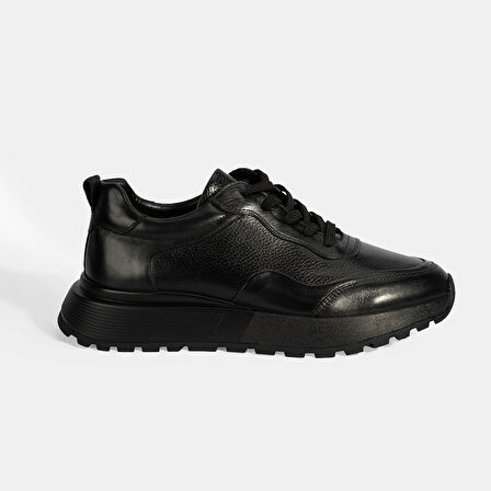 Erkek Siyah Bağcıklı Kalın Tabanlı Deri Sneaker