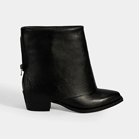 Kadın Siyah Katlama Detaylı Topuklu Deri Bot