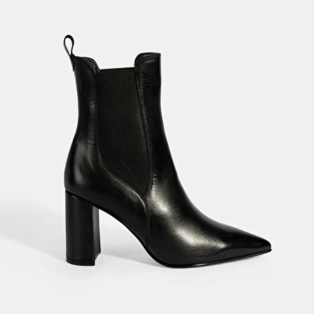 Kadın Siyah Lastikli Topuklu Deri Bot