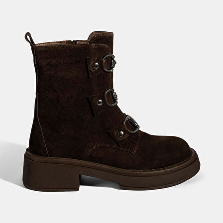 Kadın Kahve Metal Toka Detaylı Süet Deri Bot