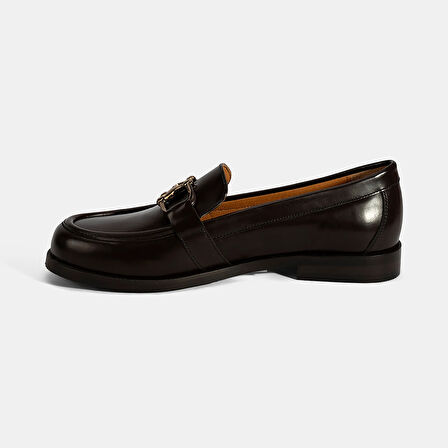 Kadın Kahve Metal Toka Detaylı Deri Loafer