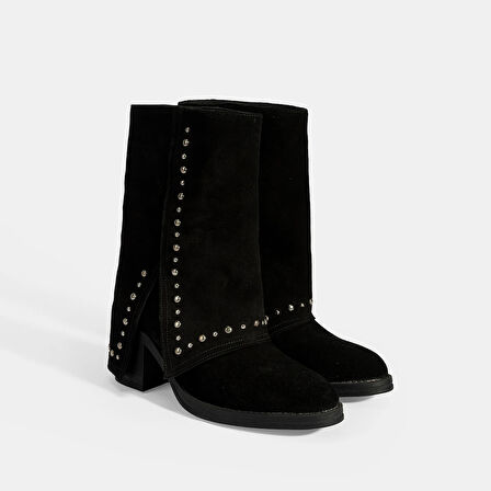 Kadın Siyah Zımba Detaylı Kalın Topuklu Süet Bot