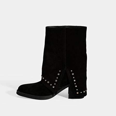 Kadın Siyah Zımba Detaylı Kalın Topuklu Süet Bot