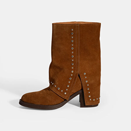 Kadın Taba Zımba Detaylı Kalın Topuklu Süet Bot