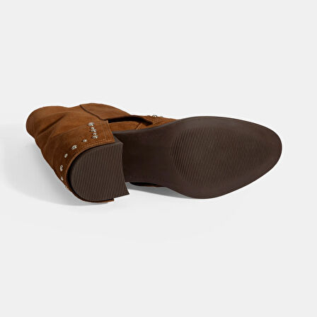 Kadın Taba Zımba Detaylı Kalın Topuklu Süet Bot