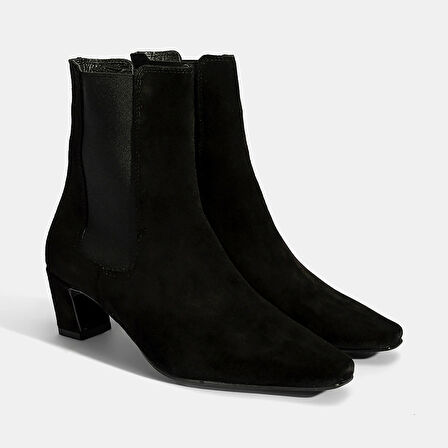 Kadın Siyah Lastikli Topuklu Süet Deri Bot