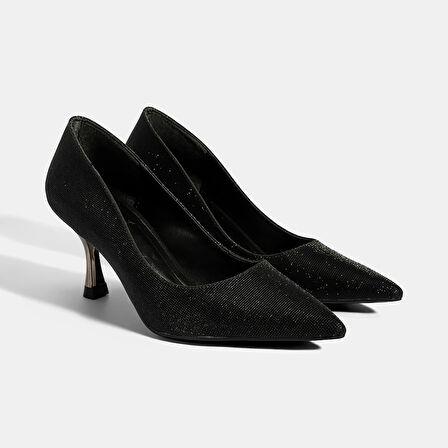 Kadın Siyah Simli Topuklu Abiye Ayakkabı