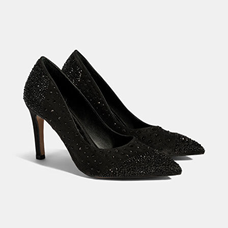 Kadın Siyah Taşlı Sivri Burunlu Topuklu Abiye Ayakkabı