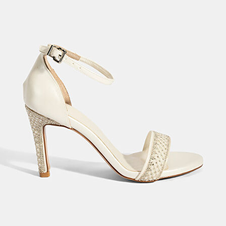 Kadın Beyaz Ayarlanabilir Tokalı Taşlı Topuklu Abiye Sandalet