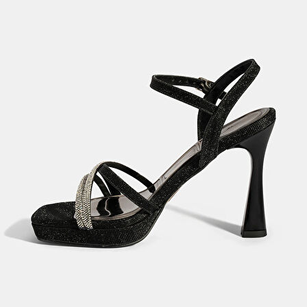 Kadın Siyah Ayarlanabilir Tokalı Taşlı Topuklu Abiye Sandalet