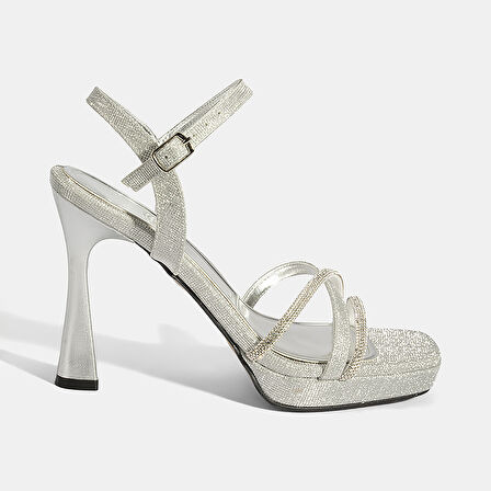 Kadın Gümüş Ayarlanabilir Tokalı Taşlı Topuklu Abiye Sandalet