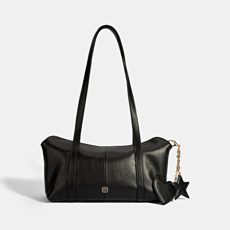 Kadın Siyah Kalp / Yıldız Charm Aksesuarlı Omuz Çantası