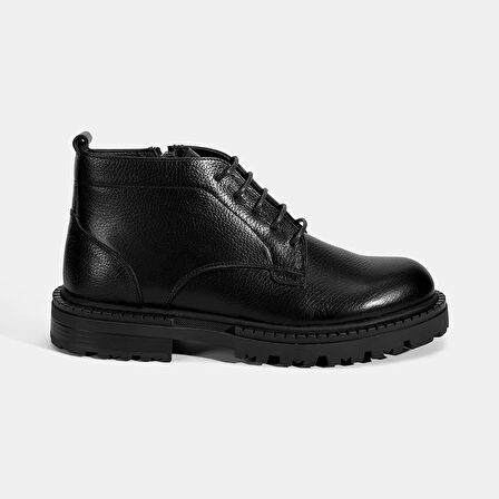 Erkek Siyah Bağcıklı Kalın Tabanlı Deri Postal Bot