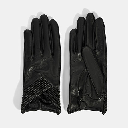 Kadın Siyah Lastik Detaylı Deri Eldiven