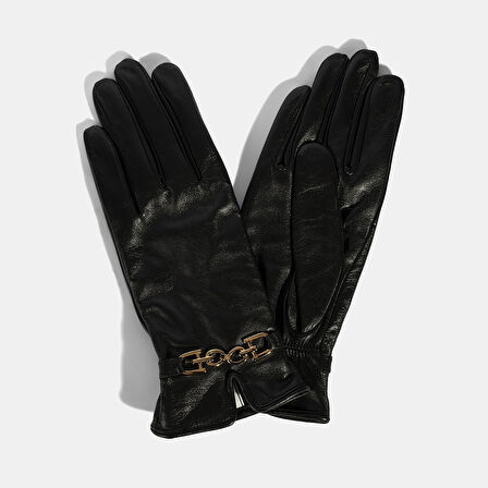 Kadın Siyah Zincir Aksesuarlı Deri Eldiven