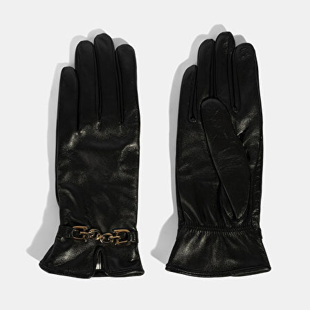 Kadın Siyah Zincir Aksesuarlı Deri Eldiven