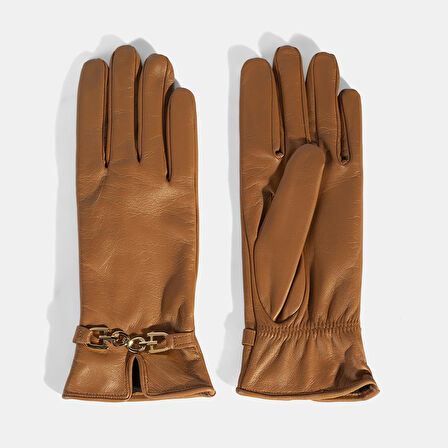 Kadın Taba Zincir Aksesuarlı Deri Eldiven